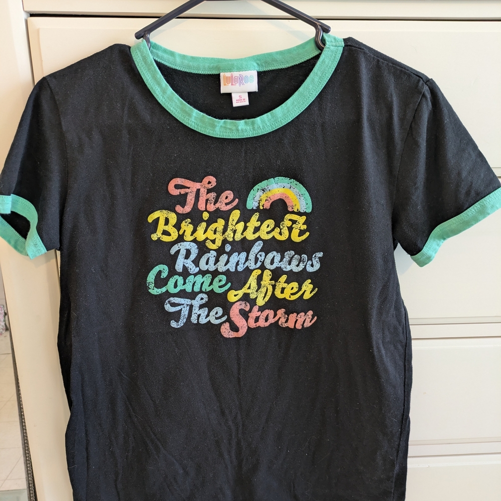 LuLaRoe Black Tee with Mint Trim and Multicolor Rainbow Slogan